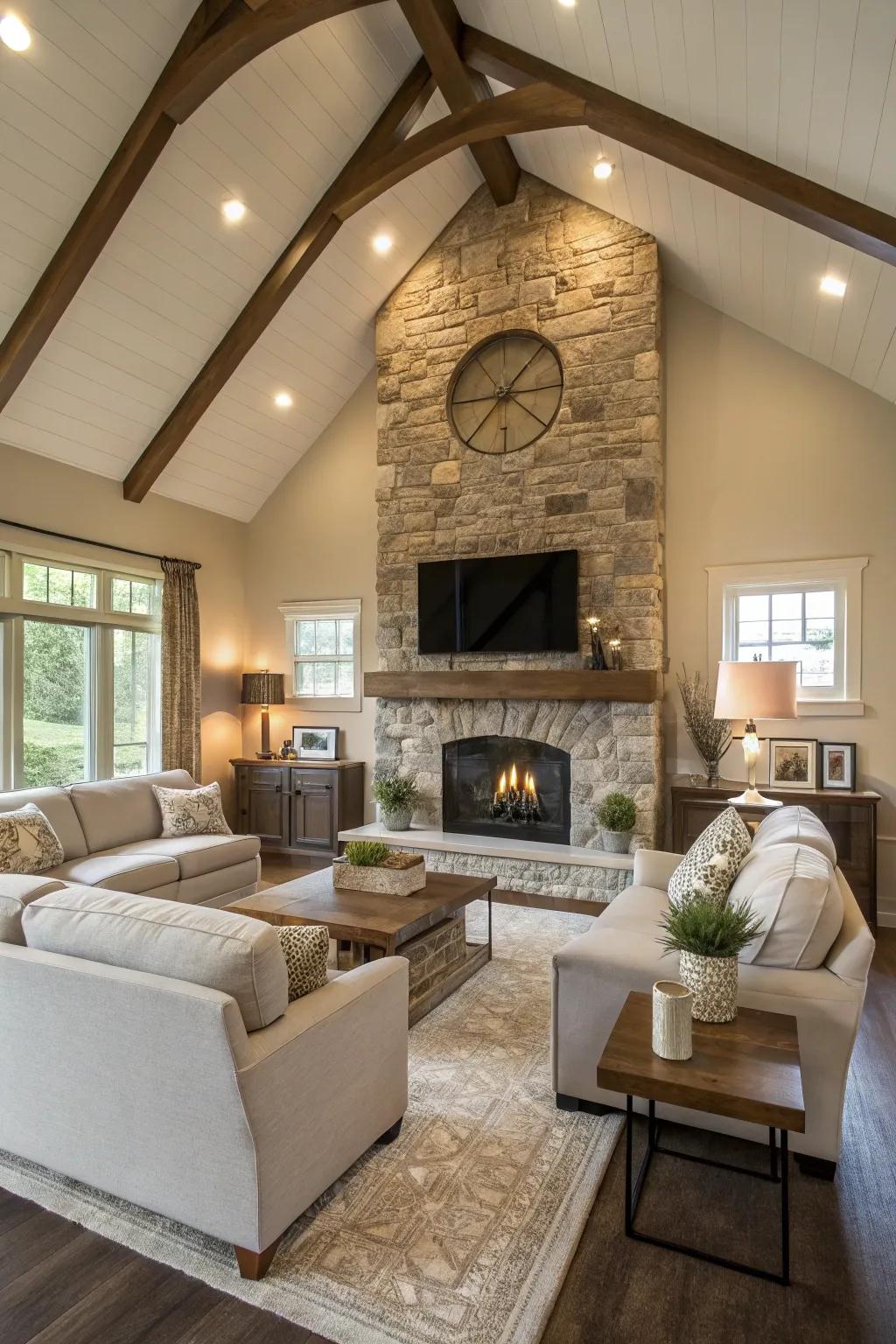 A modern hearth transforms into a striking center of attention within this high-ceilinged area.