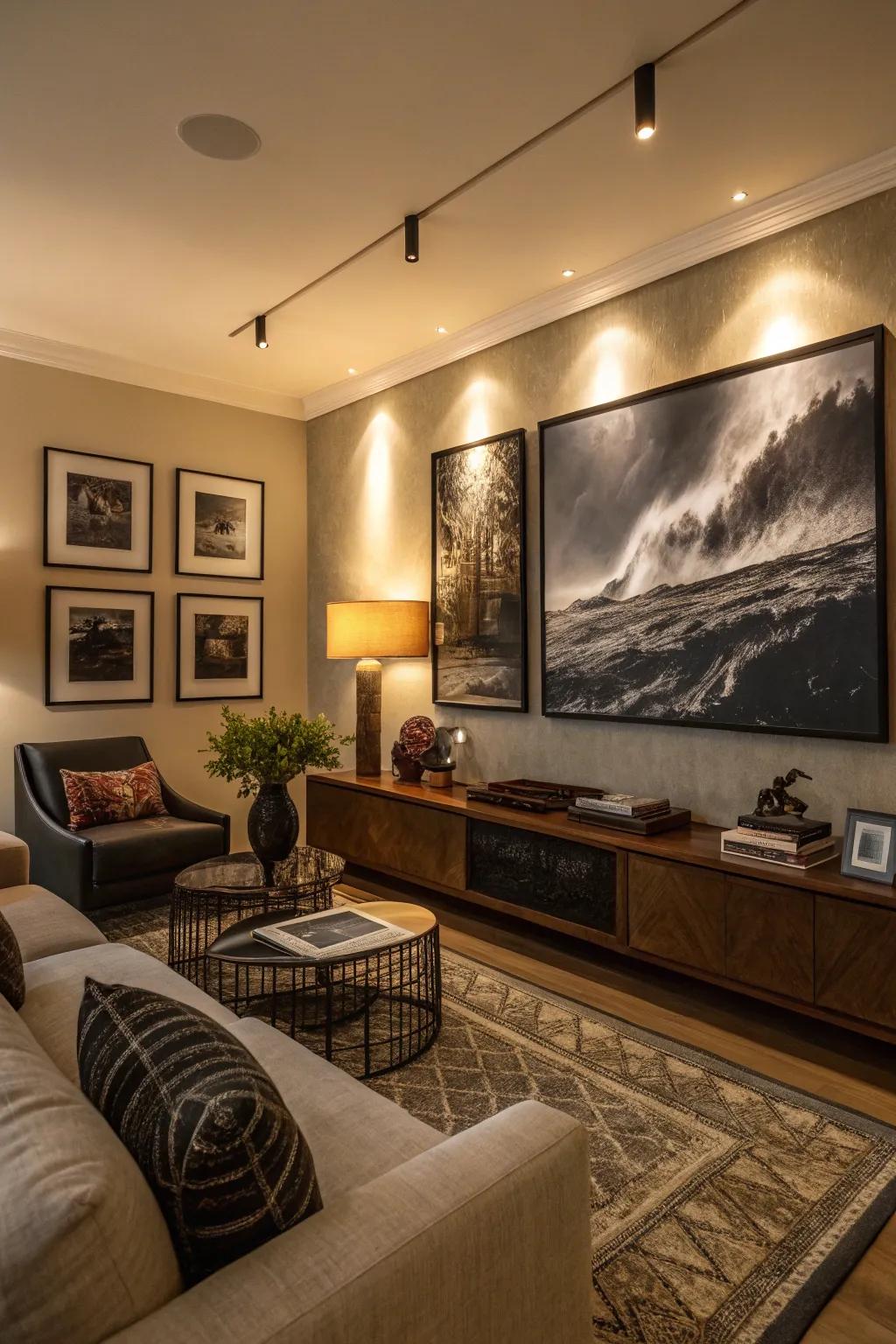 Artistic elements in a moody living room with a gallery wall.