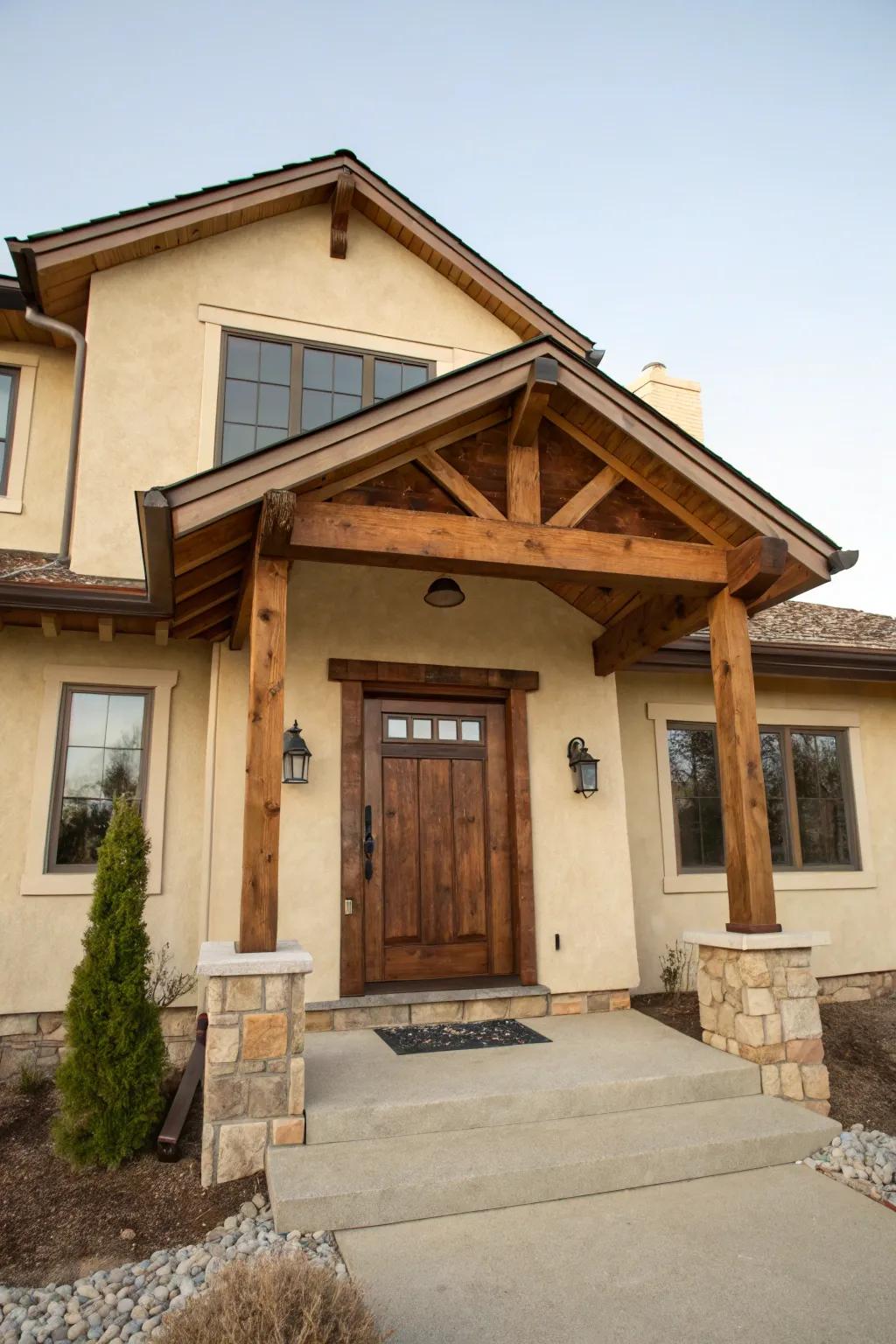 Hickory door incorporates coziness and balance to a beige house.