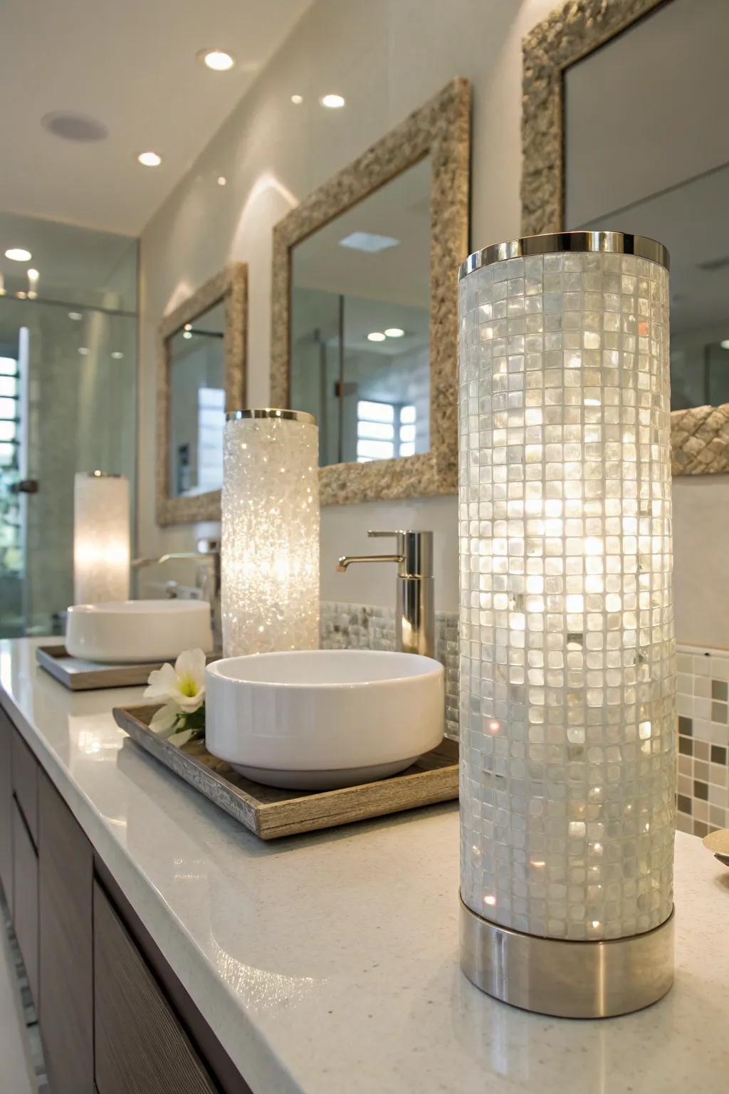 Strategic lighting can accentuate the intrinsic shimmer of mother of pearl tiles.