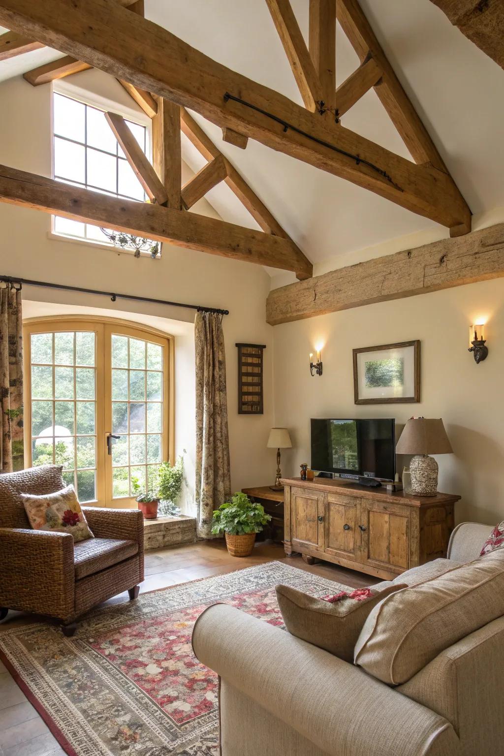 Exposed joists bring countryside charm as well as an expansive aura.
