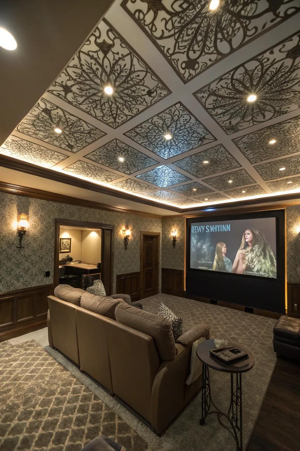 An eye-catching ceiling contributes charm to your movie space.