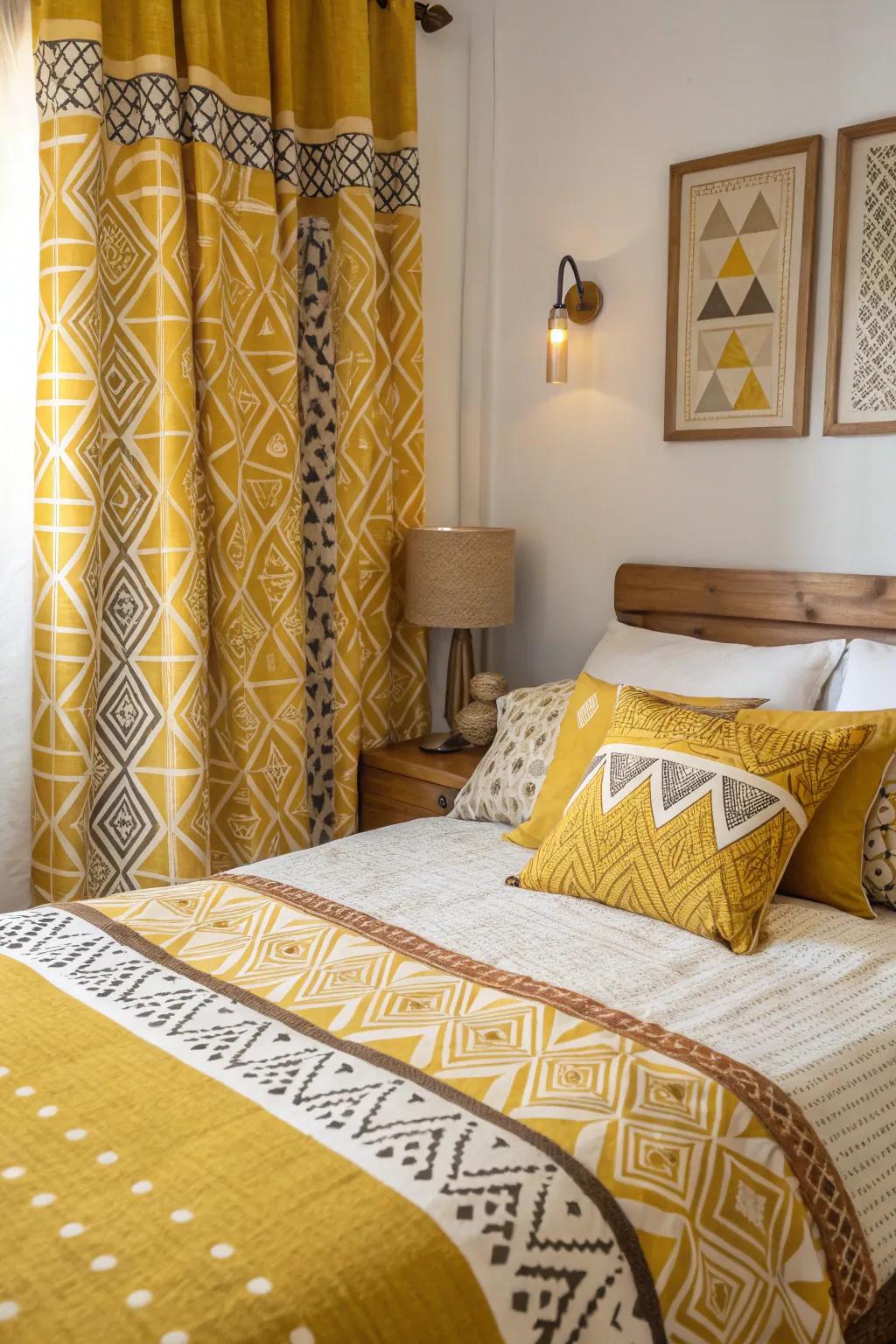 A rest space styled with elaborate patterns featuring goldenrod as well as various geometric drawings.