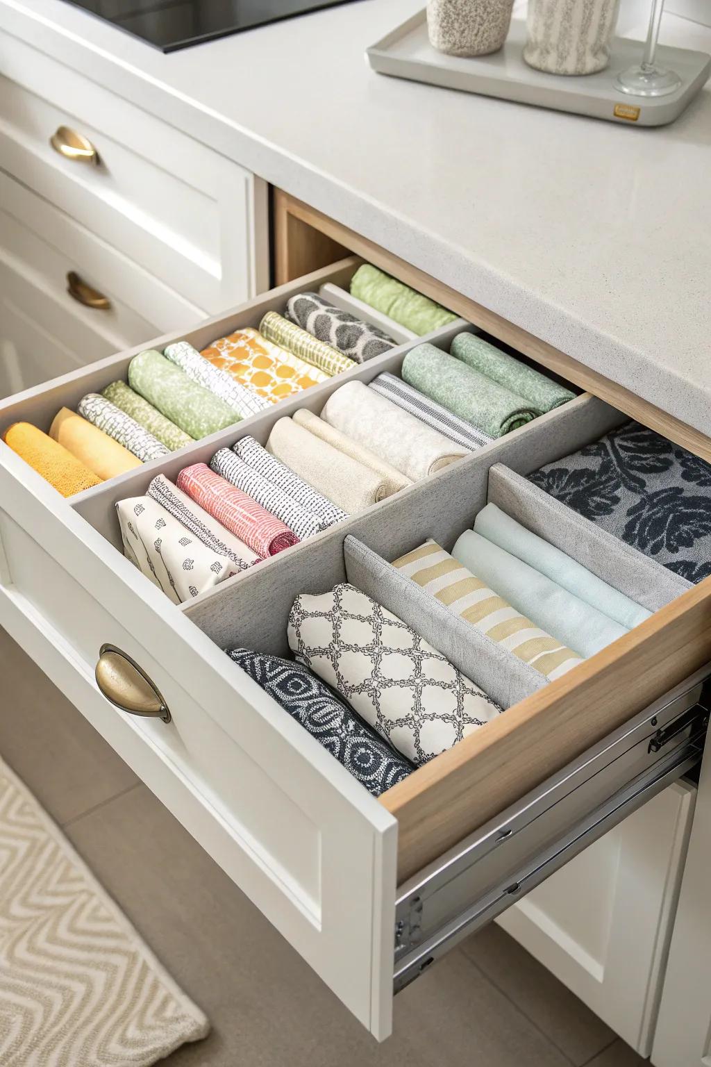 Drawer dividers establish an organized and visually attractive arrangement for napkin storage.