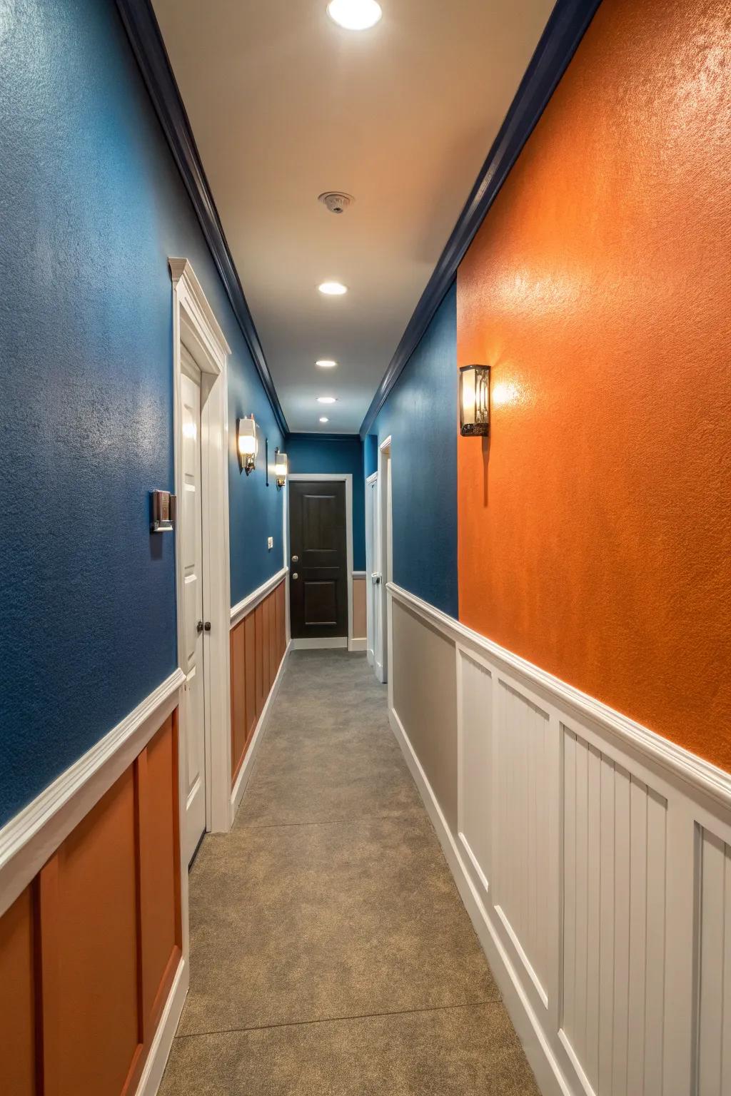 Two-tone wall designs introduce dimension and intrigue to a narrow hallway.