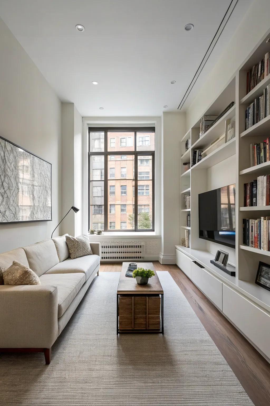 Streamlined furniture selections maintaining an open feel in a slender living area.