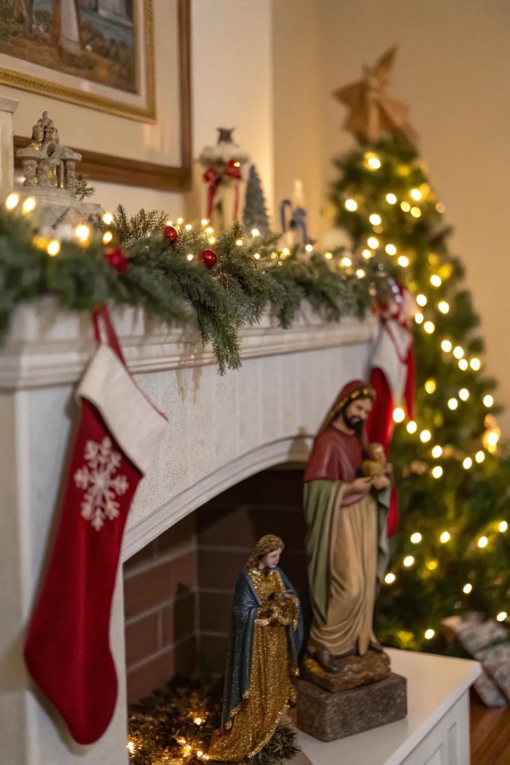 A nativity scene artistically presented upon a festive hearth.