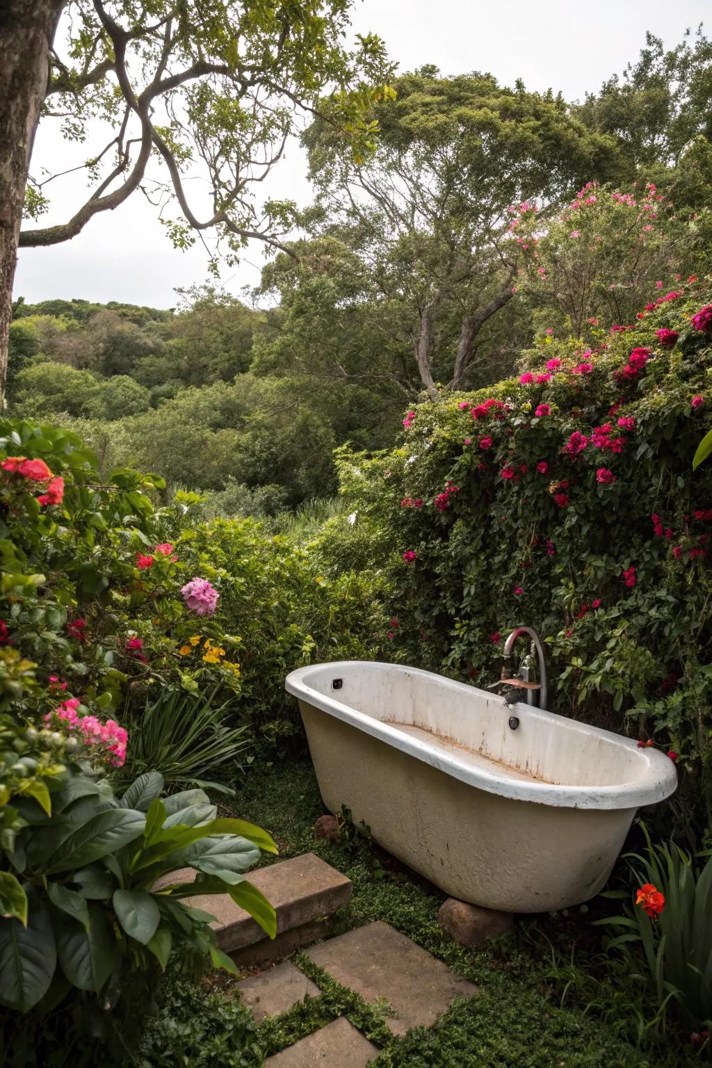 Find tranquility in a private garden with a secluded outdoor tub.