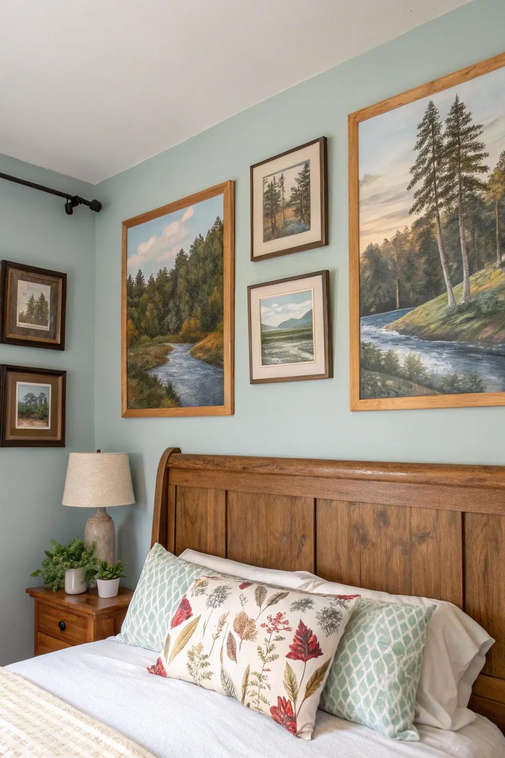 Art drawing from nature heightens the serene sensation of a bedroom.