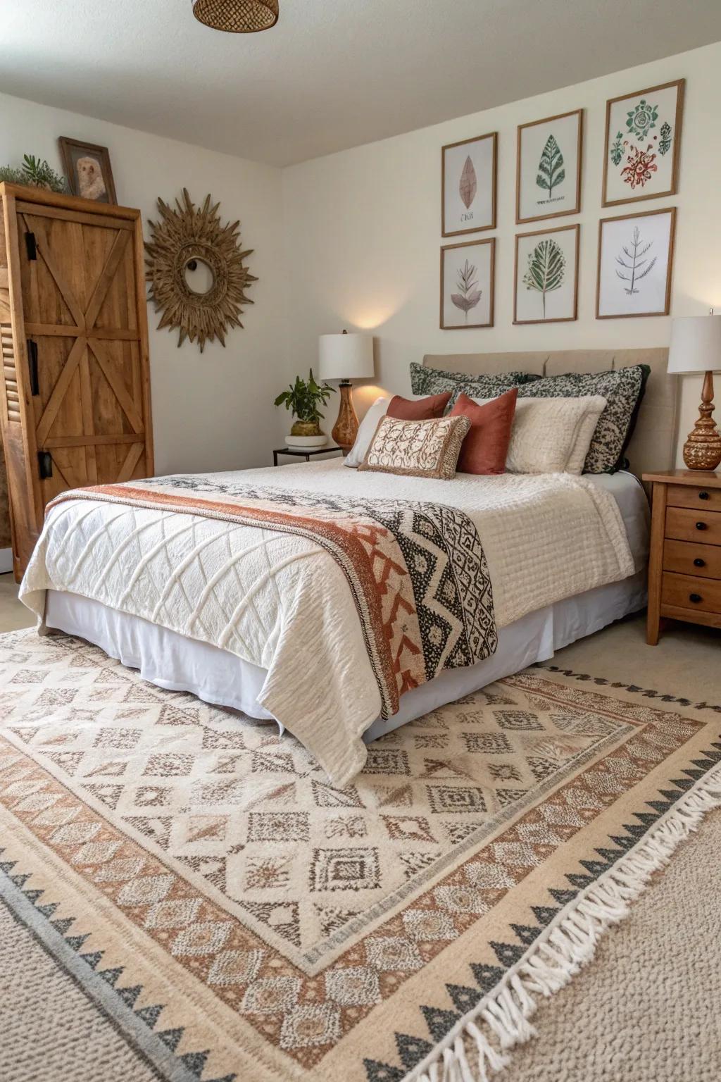 Layering decorative floor coverings over neutral carpets enhances style and comfort.