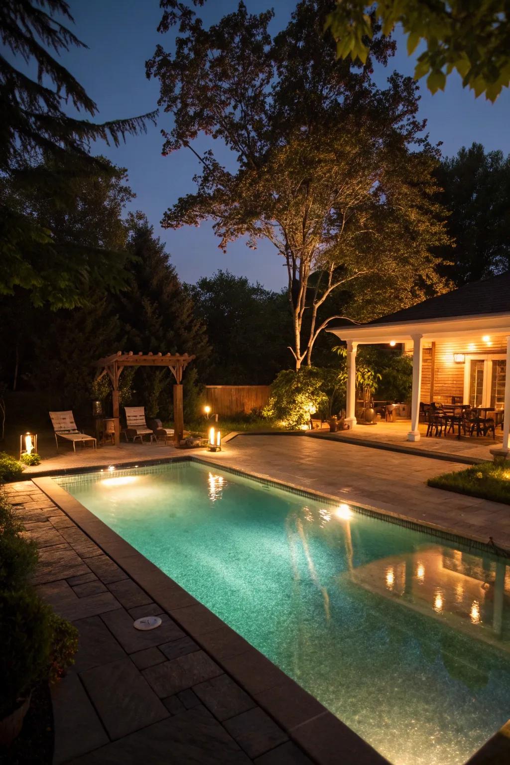 A superbly lit pool that sparkles during the night, ideal for nocturnal gatherings.