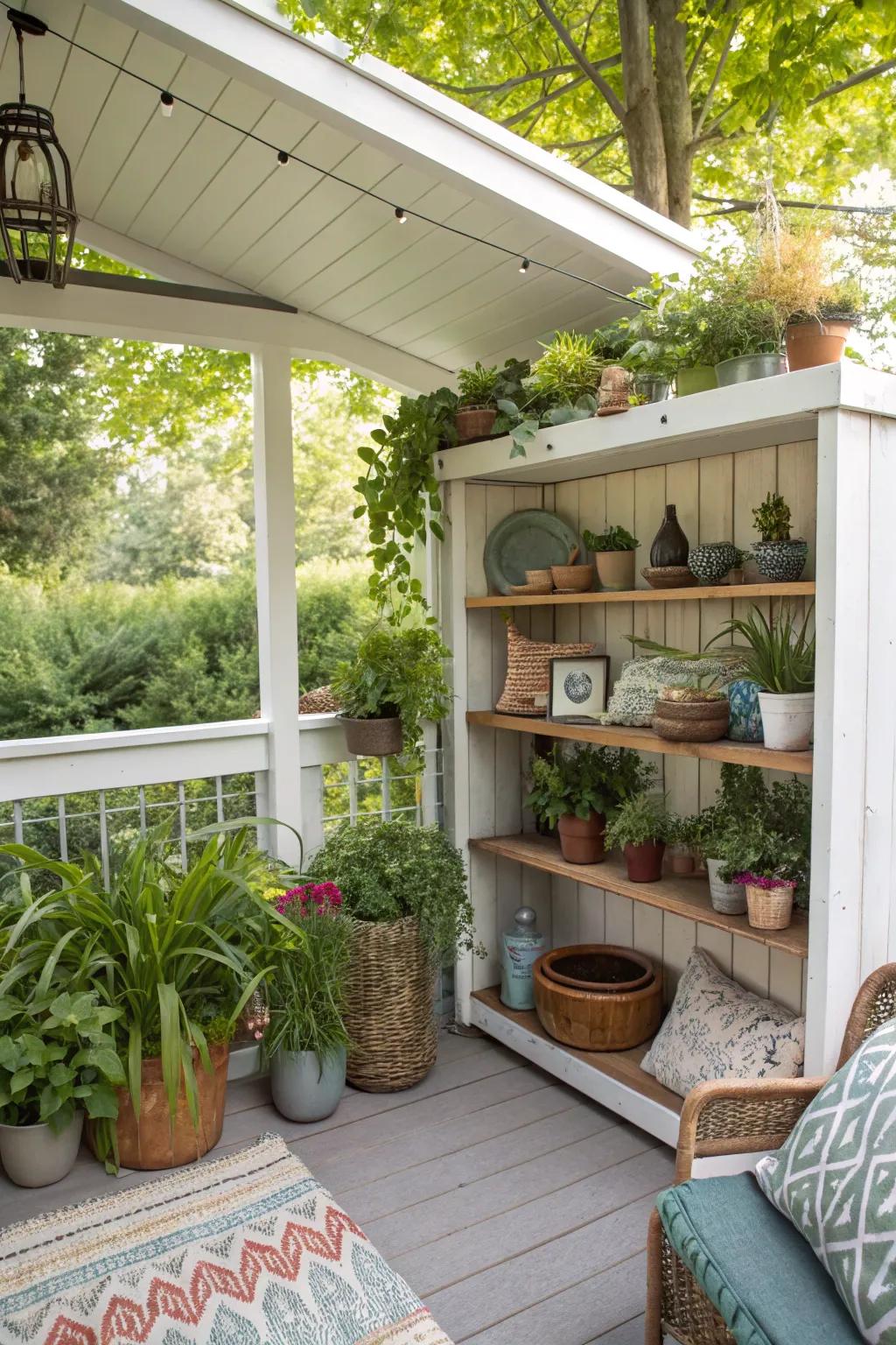 An inviting outdoor alcove adorned with shelves for plants and decorative items.