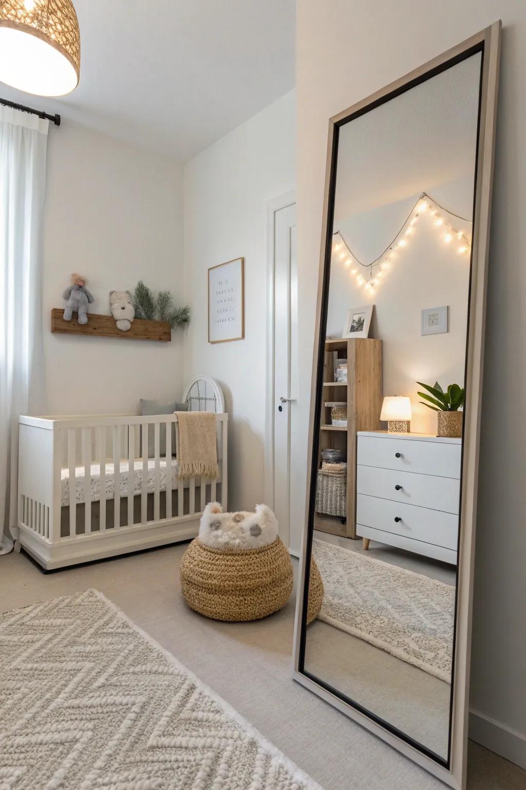 A minimalist nursery featuring a sleek reflector that enhances its simplicity.