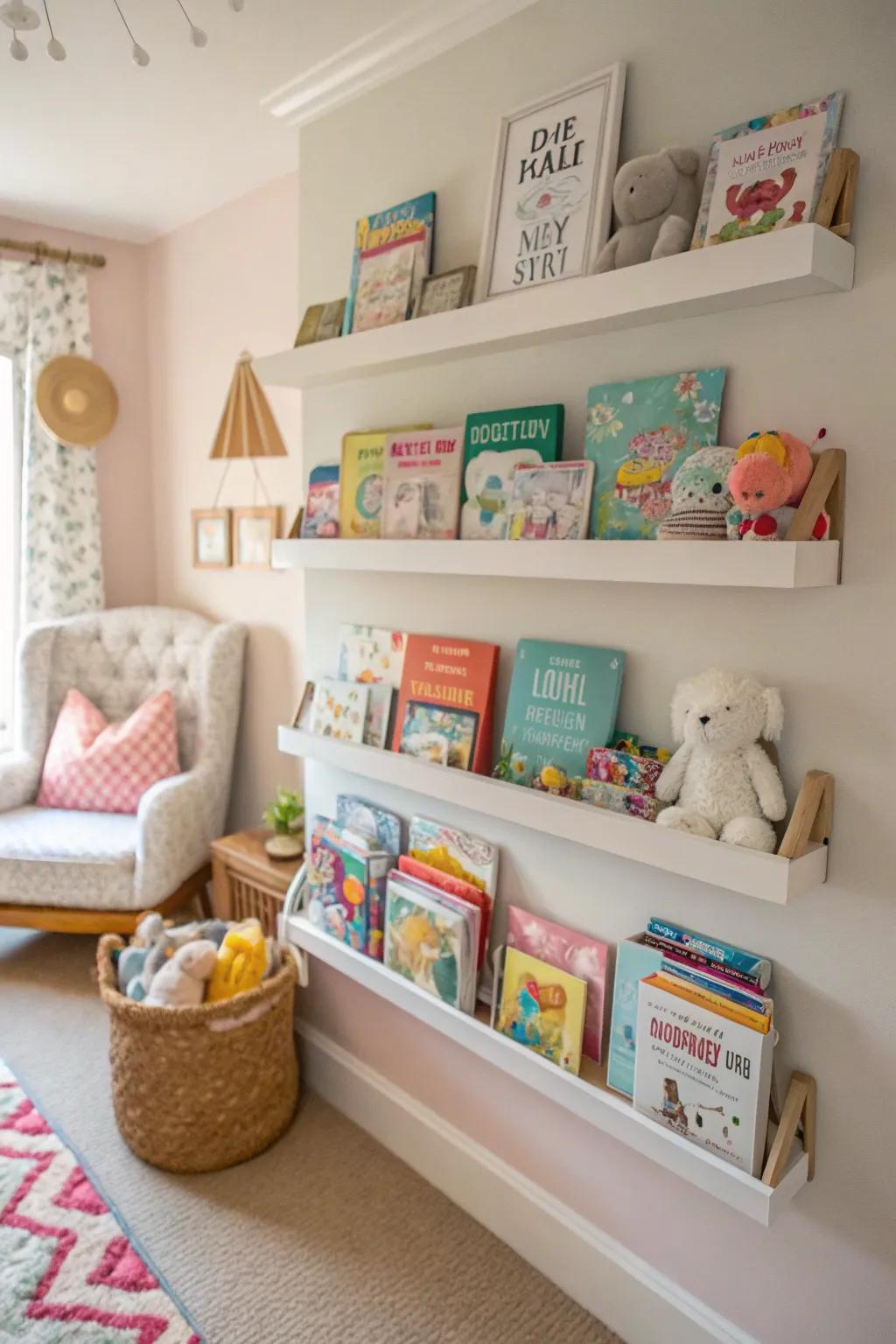 Drifting shelves present a tidy and effective means to arrange literature within the nursery.