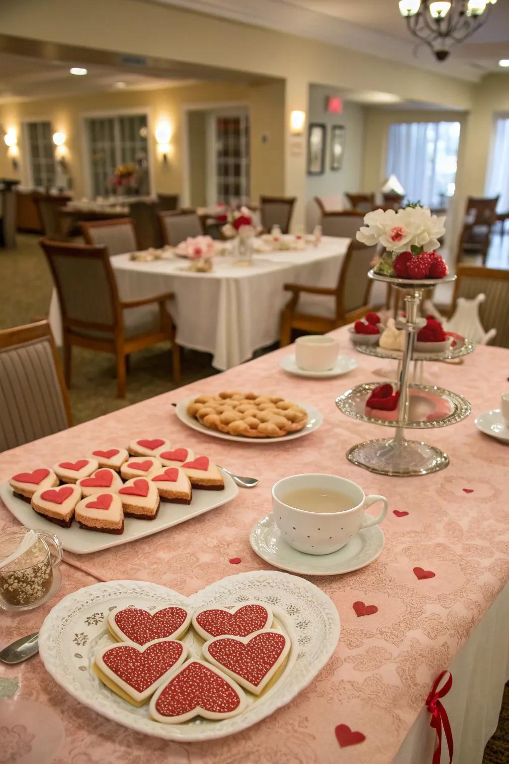 An appealing Valentine's tea affair setup with heart-themed desserts.