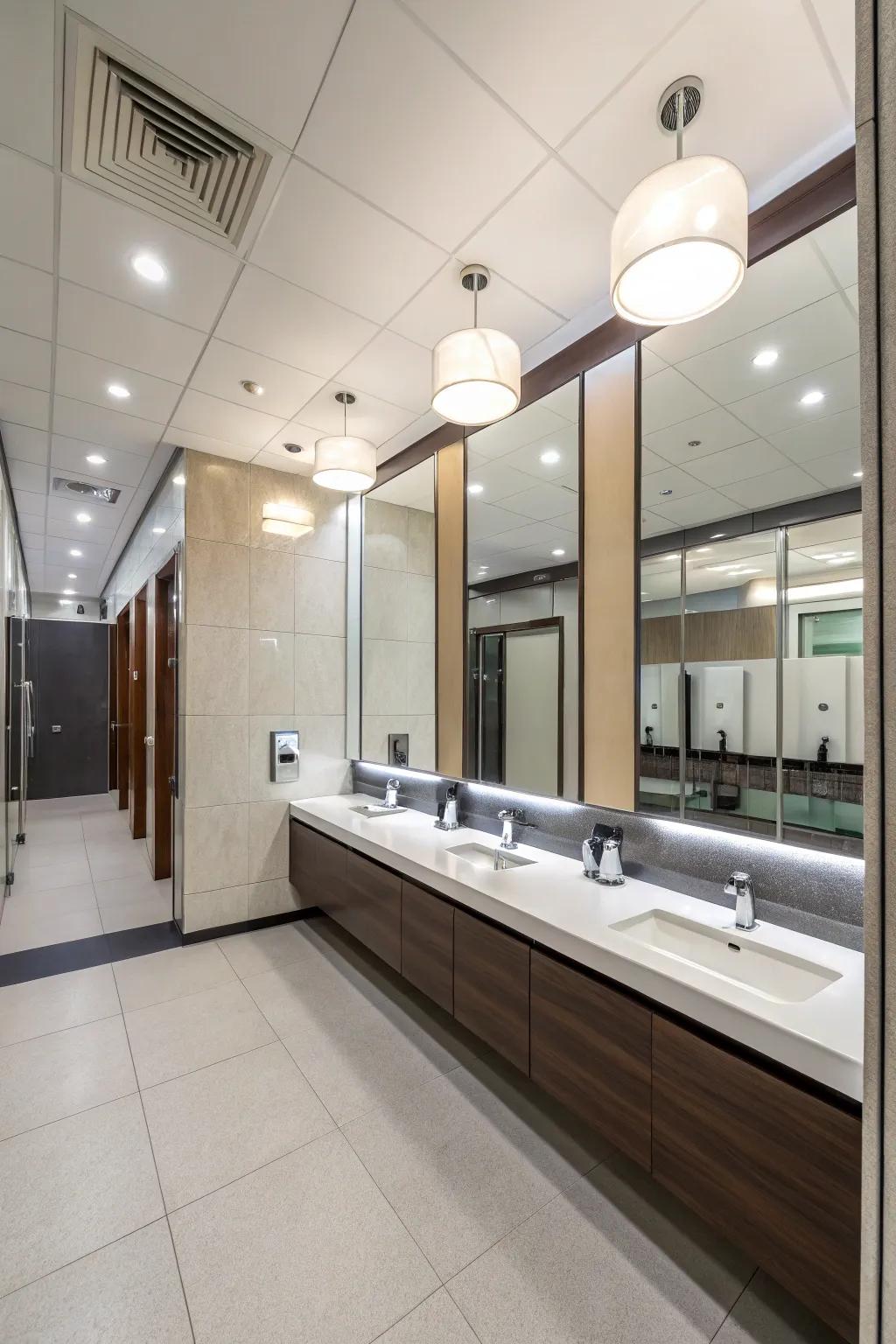 Modern reflectors amplify the contemporary design of the office lavatory.