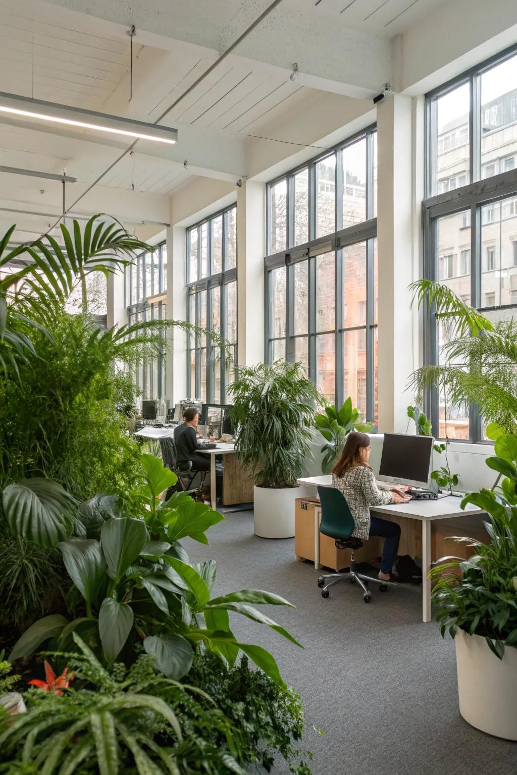 Green additions transforming the office into a lively, natural workspace.