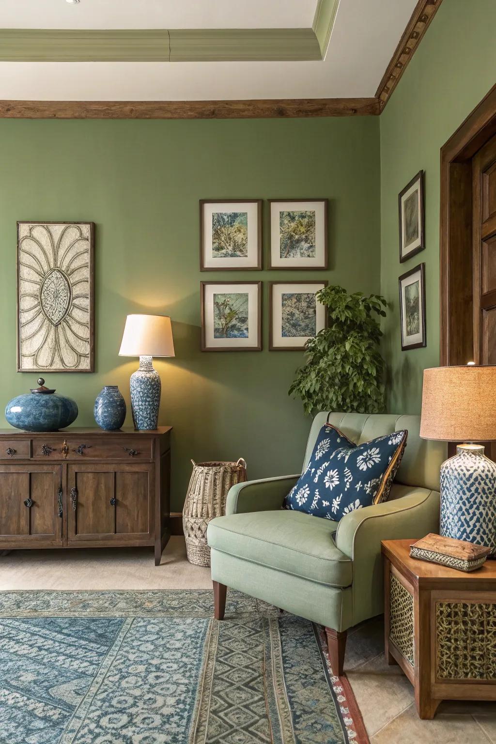 A pleasing contrast of hues highlights olive green walls.