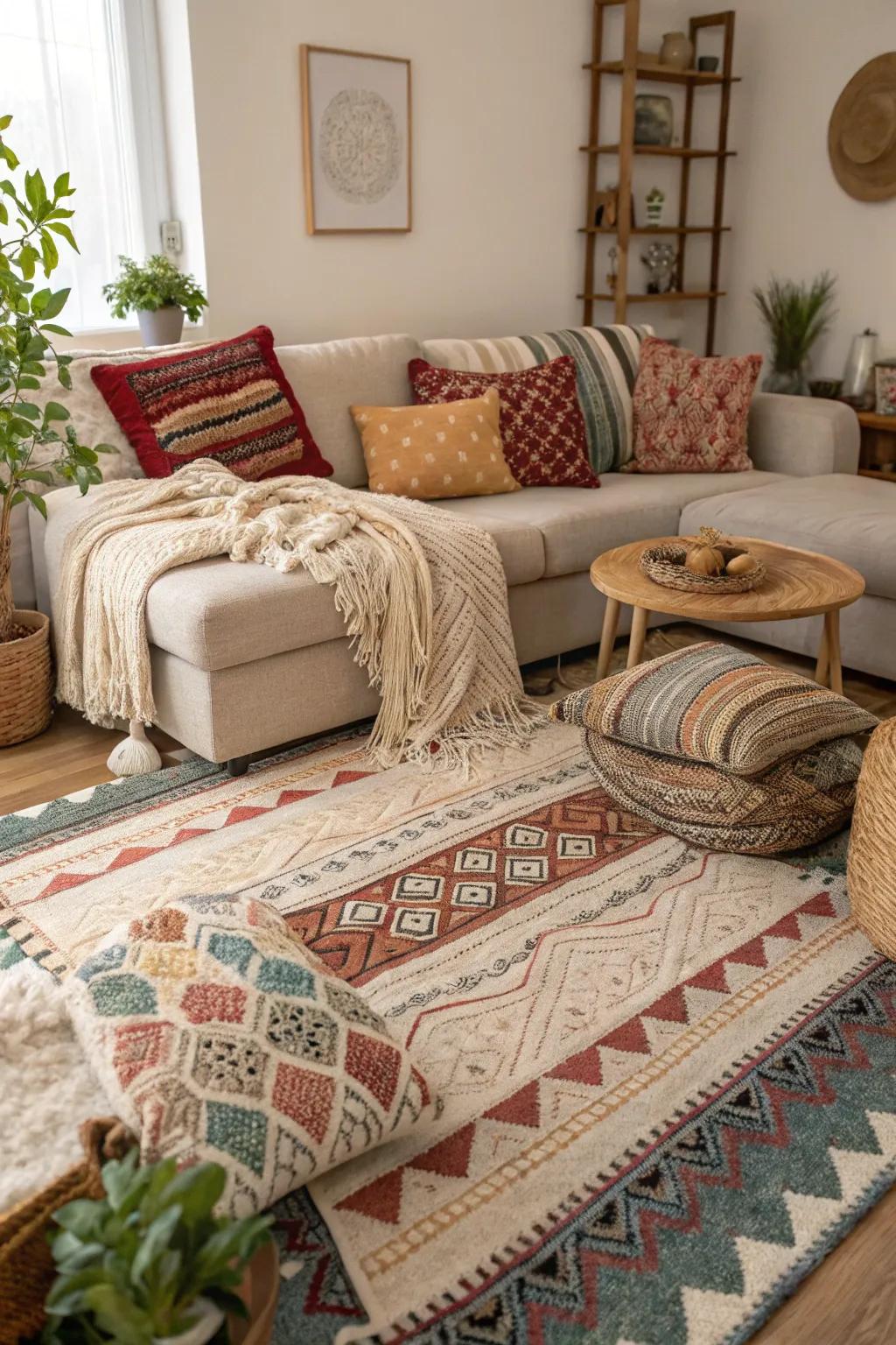Textiles layered on top of one another add warmth and texture.