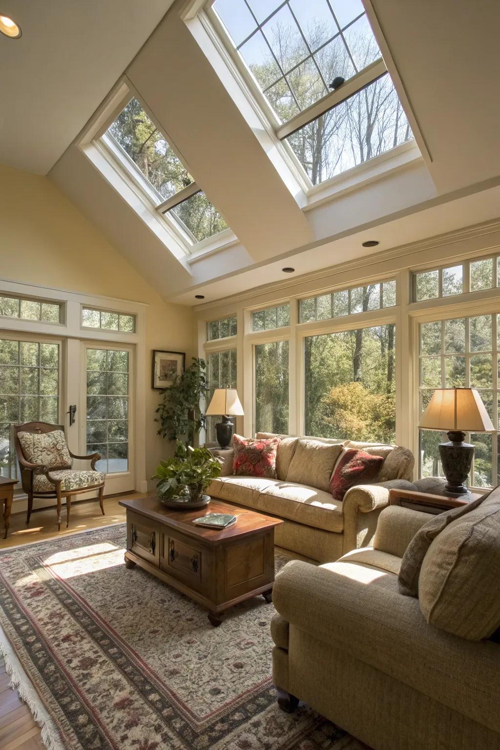 A radiant family area featuring skylights ushering in natural daylight.