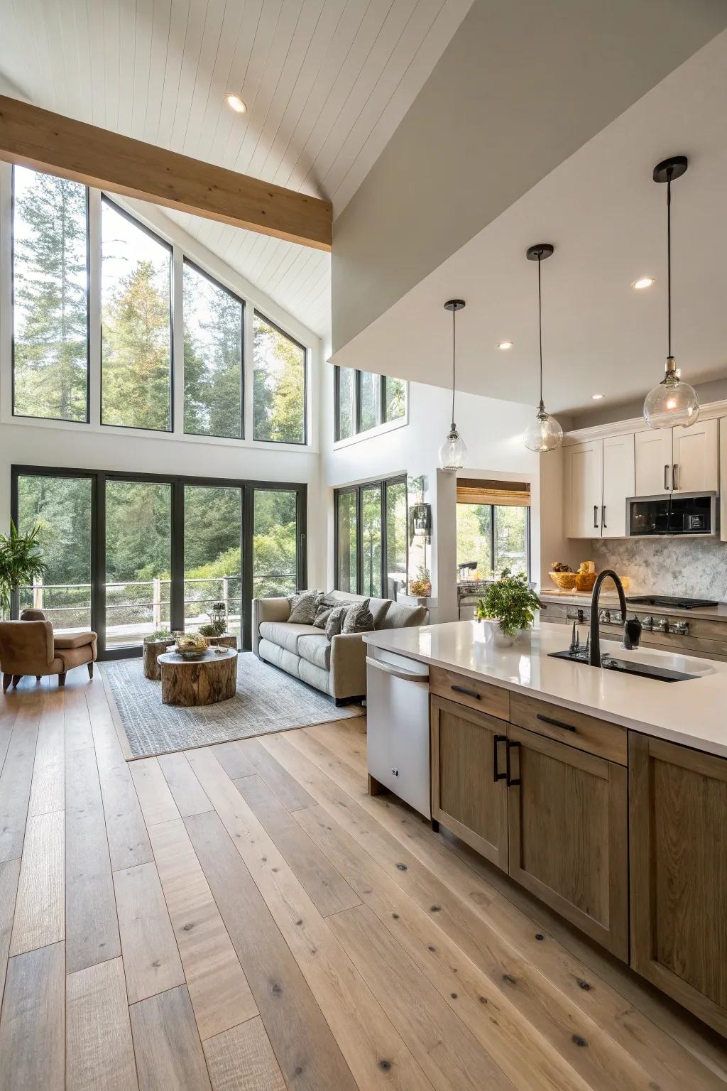 Consistent wood flooring establishes a cohesive look throughout this open design.