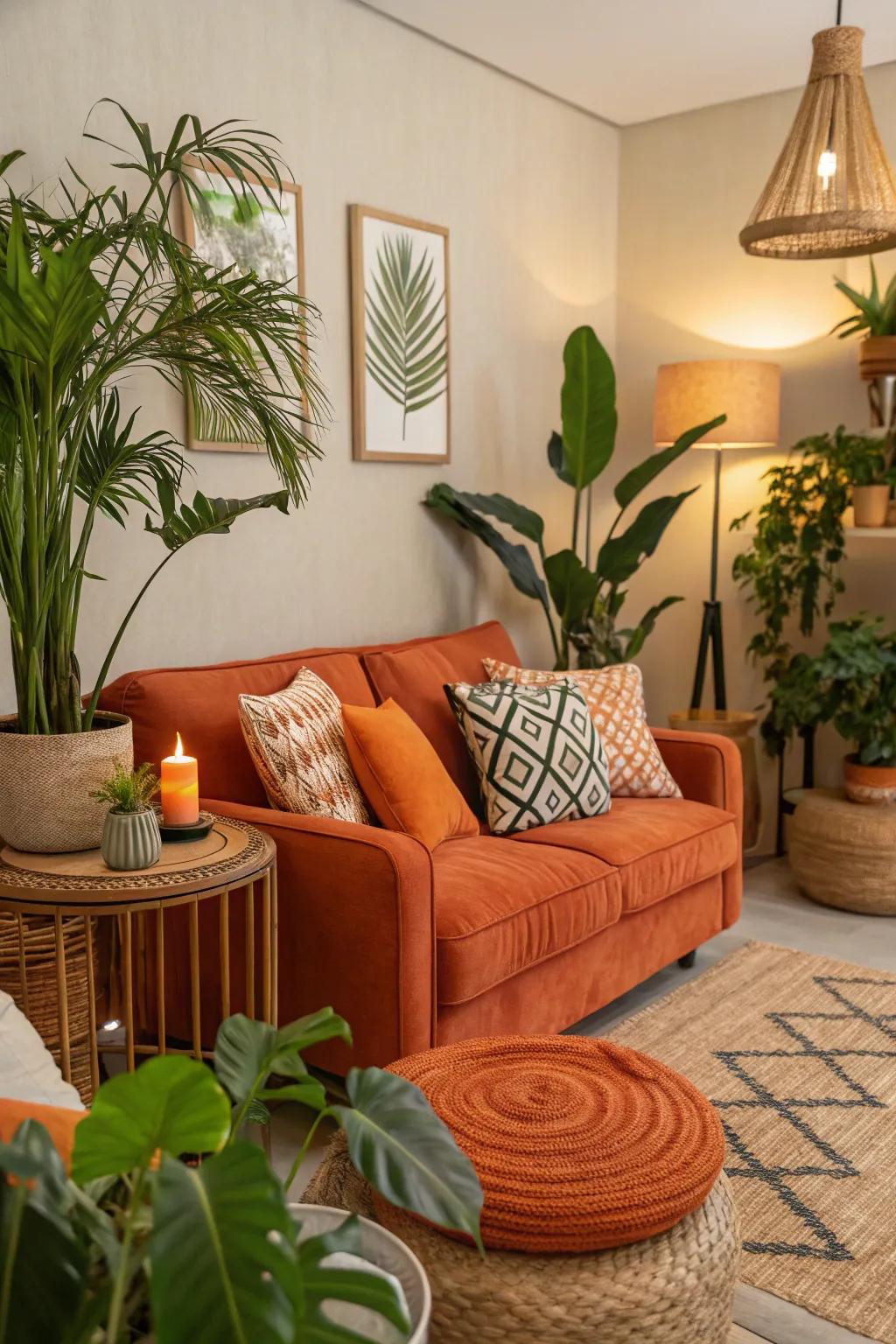 Orange accents combined with greenery craft a balanced and nature-inspired atmosphere.