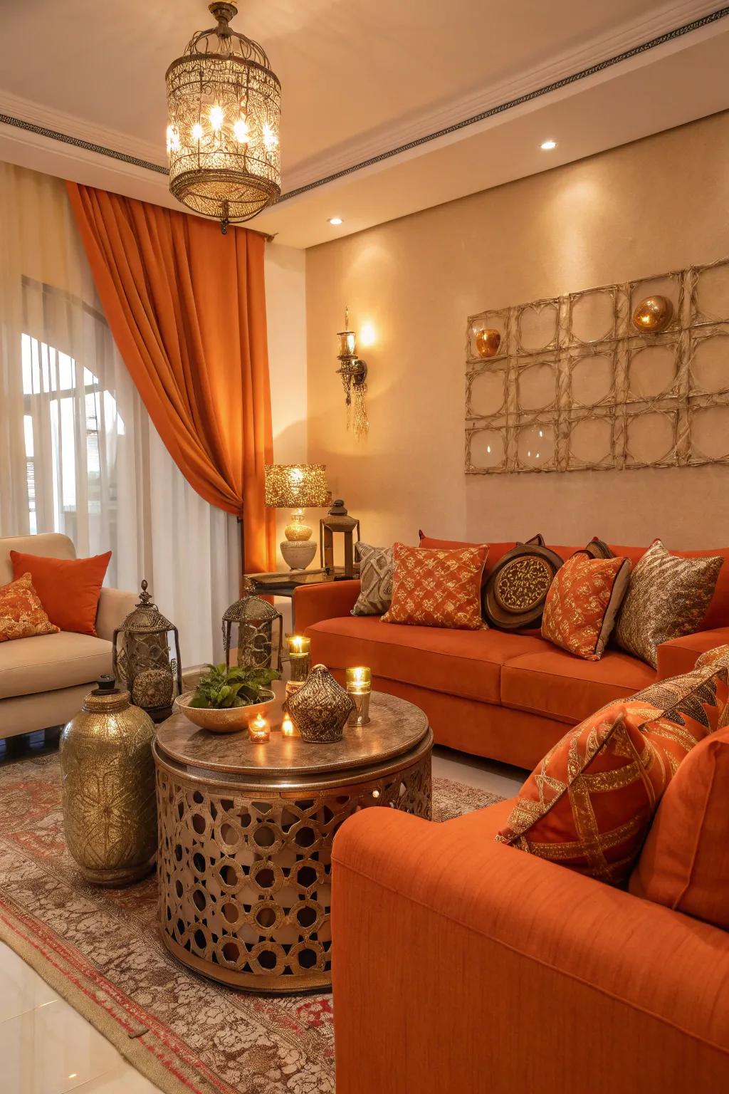 An elegant living space that combines orange accents and metal.