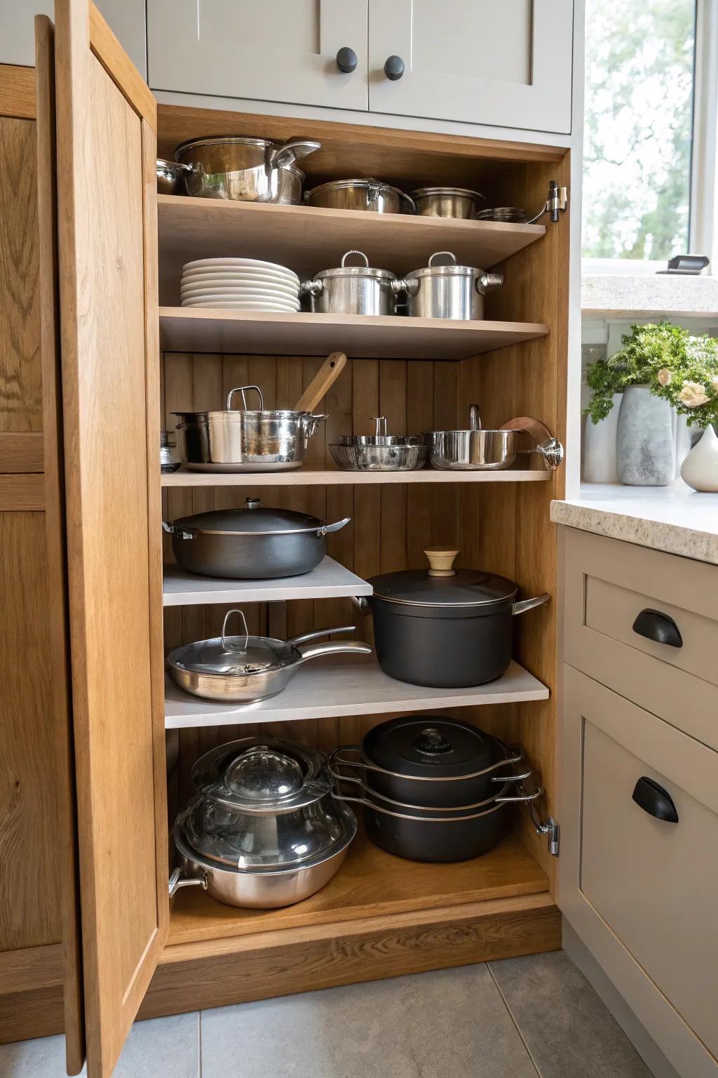 Tiered shelves effectively organize cookware in a cabinet.