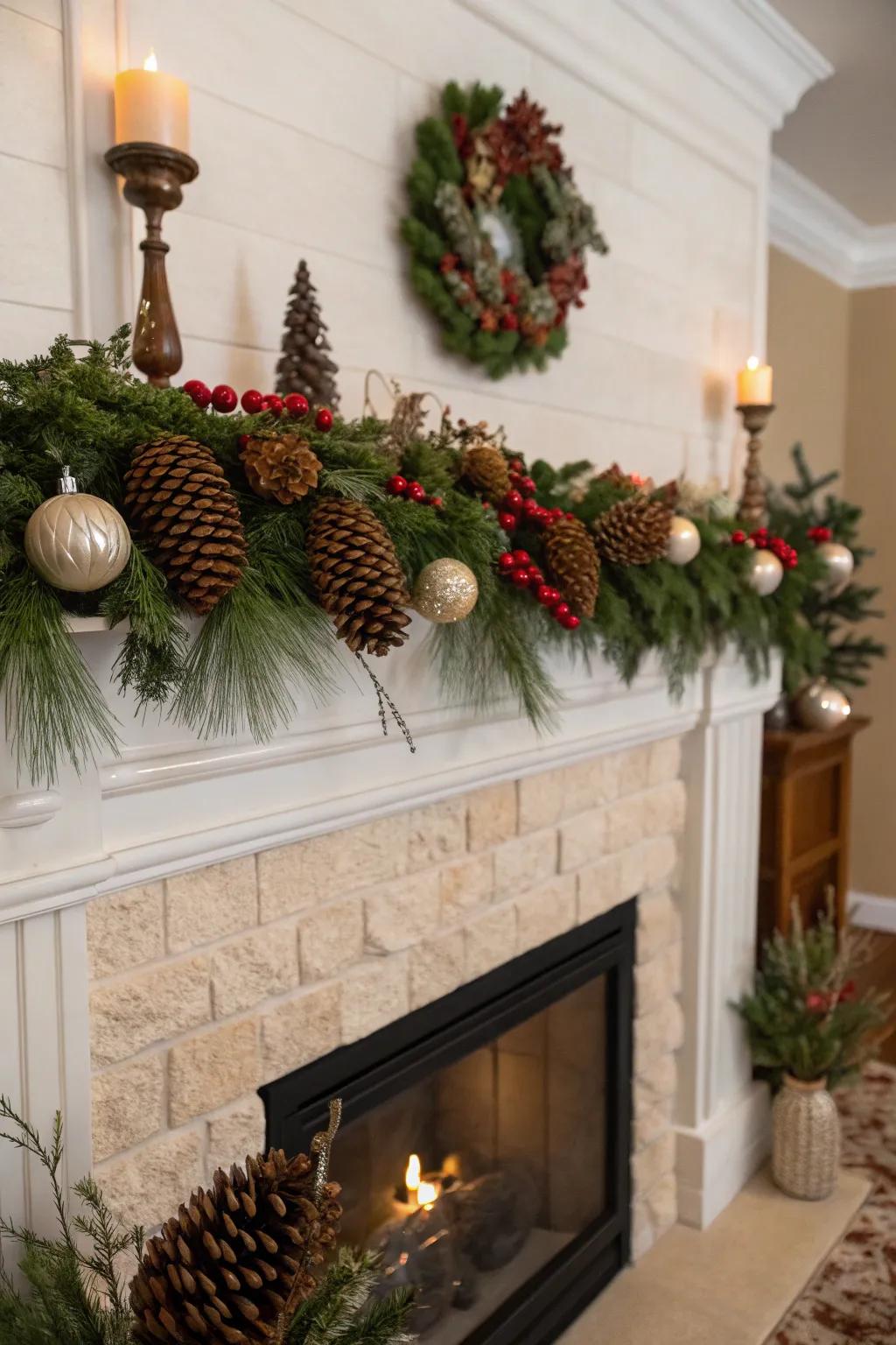 A nature-inspired fireplace with ornaments and greenery.