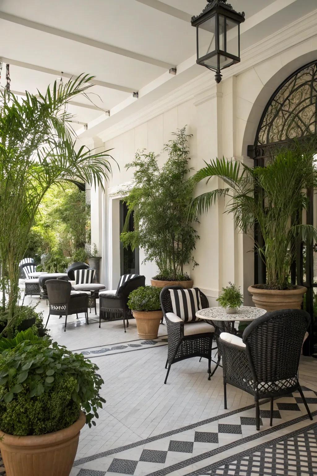 A vibrant patio where greenery beautifully contrasts with the black and white decor.