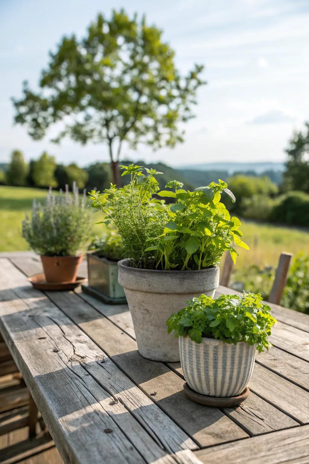 Potted herbs introduce an appealing aroma and visual charm.