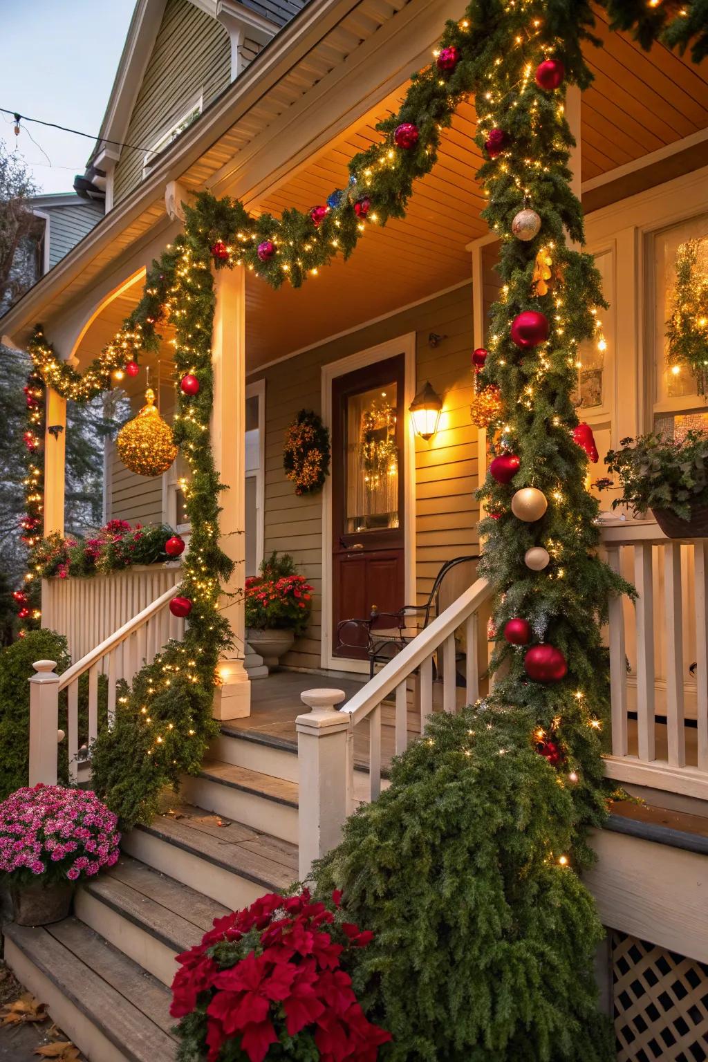 Enhance your porch with beautiful garlands and ornaments.