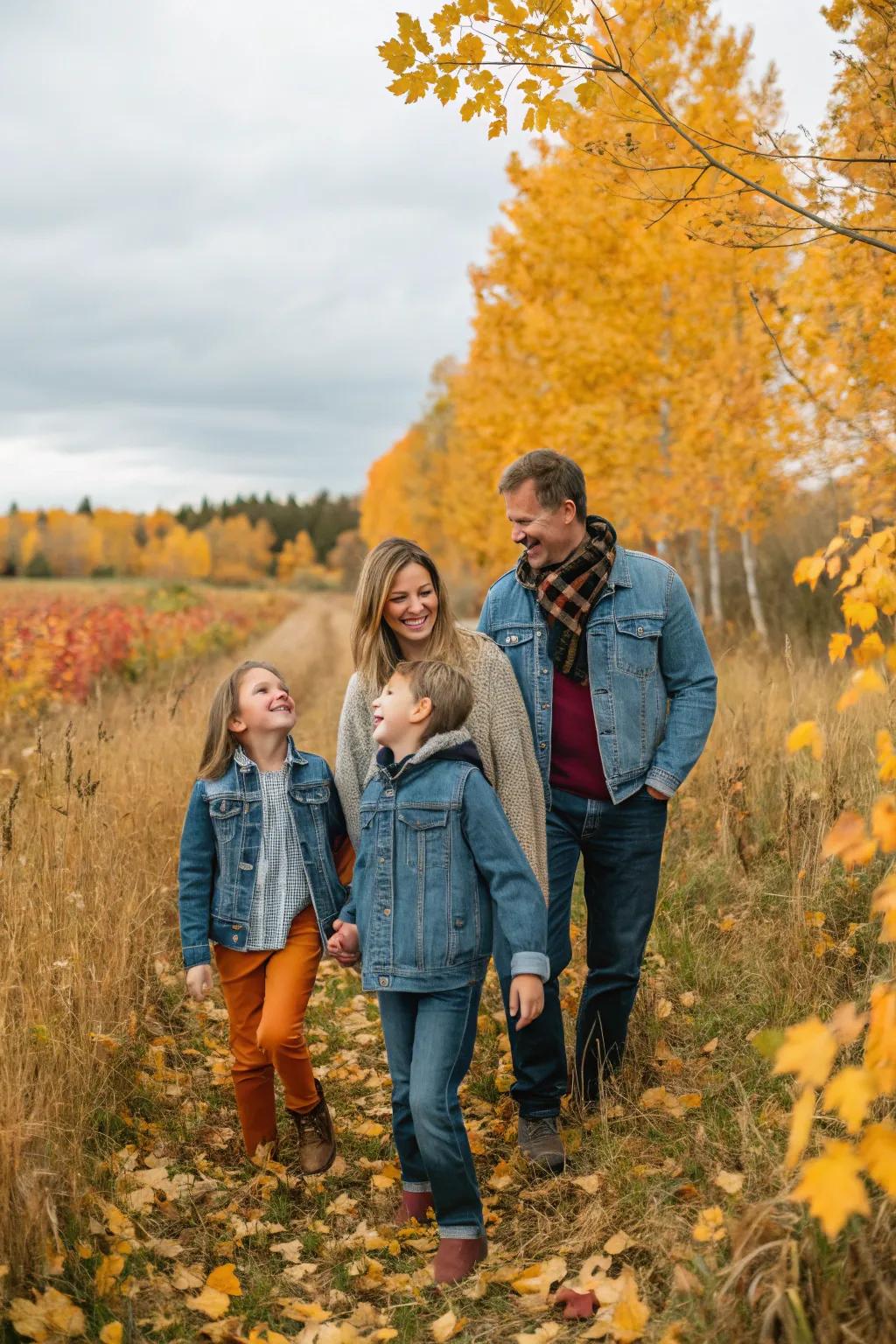 Denim imparts a timeless charm to autumnal family portraits.
