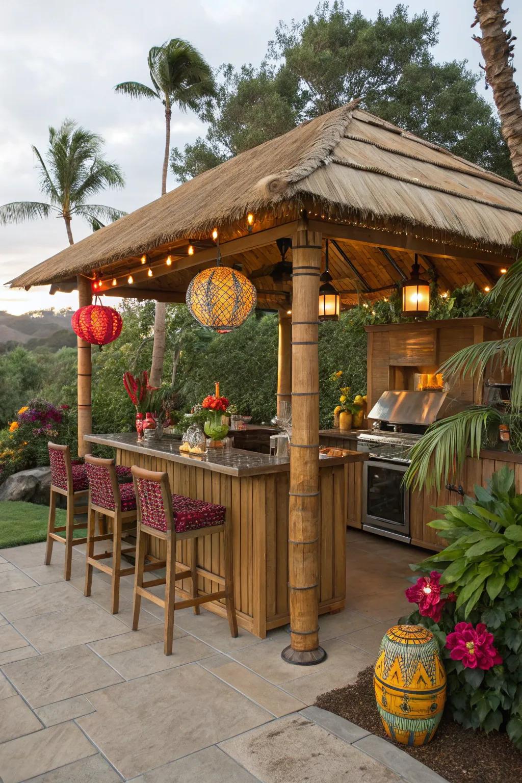 Flee to a tropical paradise with a tiki-inspired outdoor kitchen gazebo.