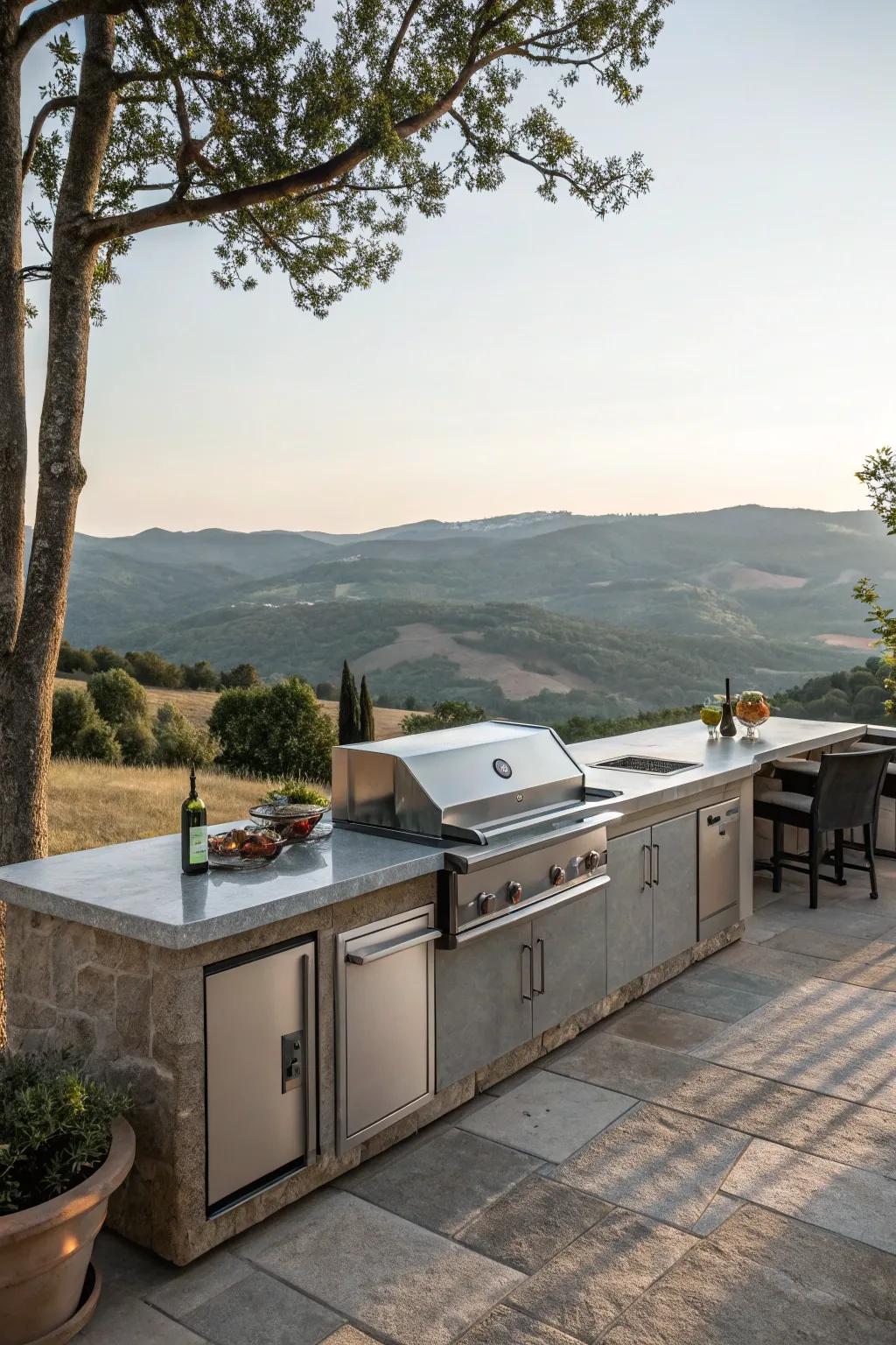 An outdoor kitchen island carefully positioned to provide stunning views of a tranquil landscape.