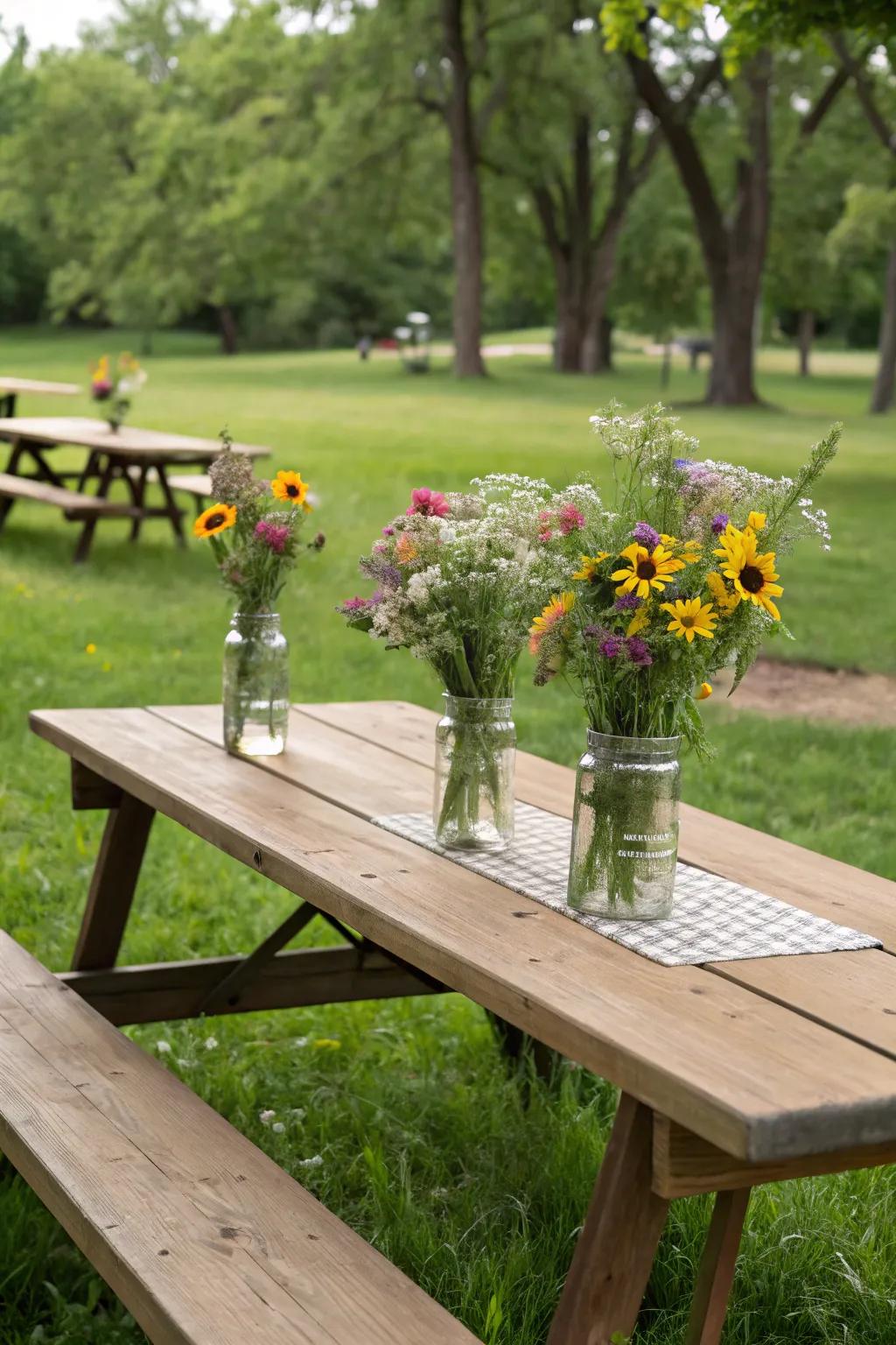 Wildflower centerpieces bring a touch of nature to your park event tables.