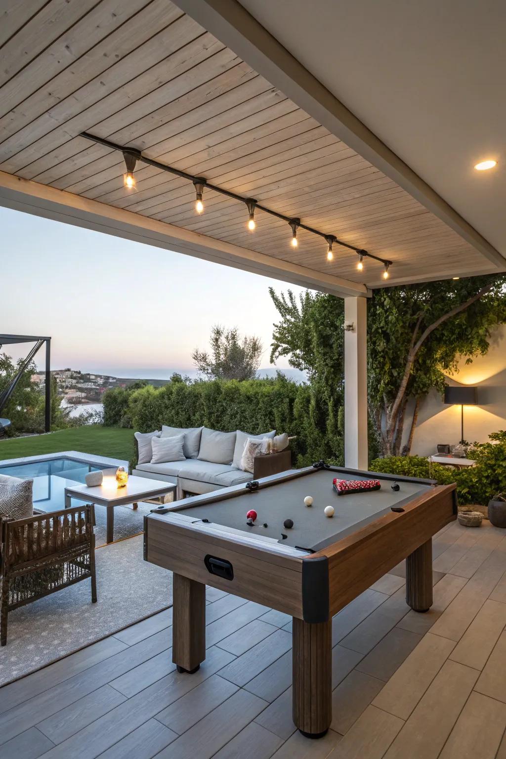 A multi-functional outdoor vicinity featuring a pool table and an unwinding lounge.