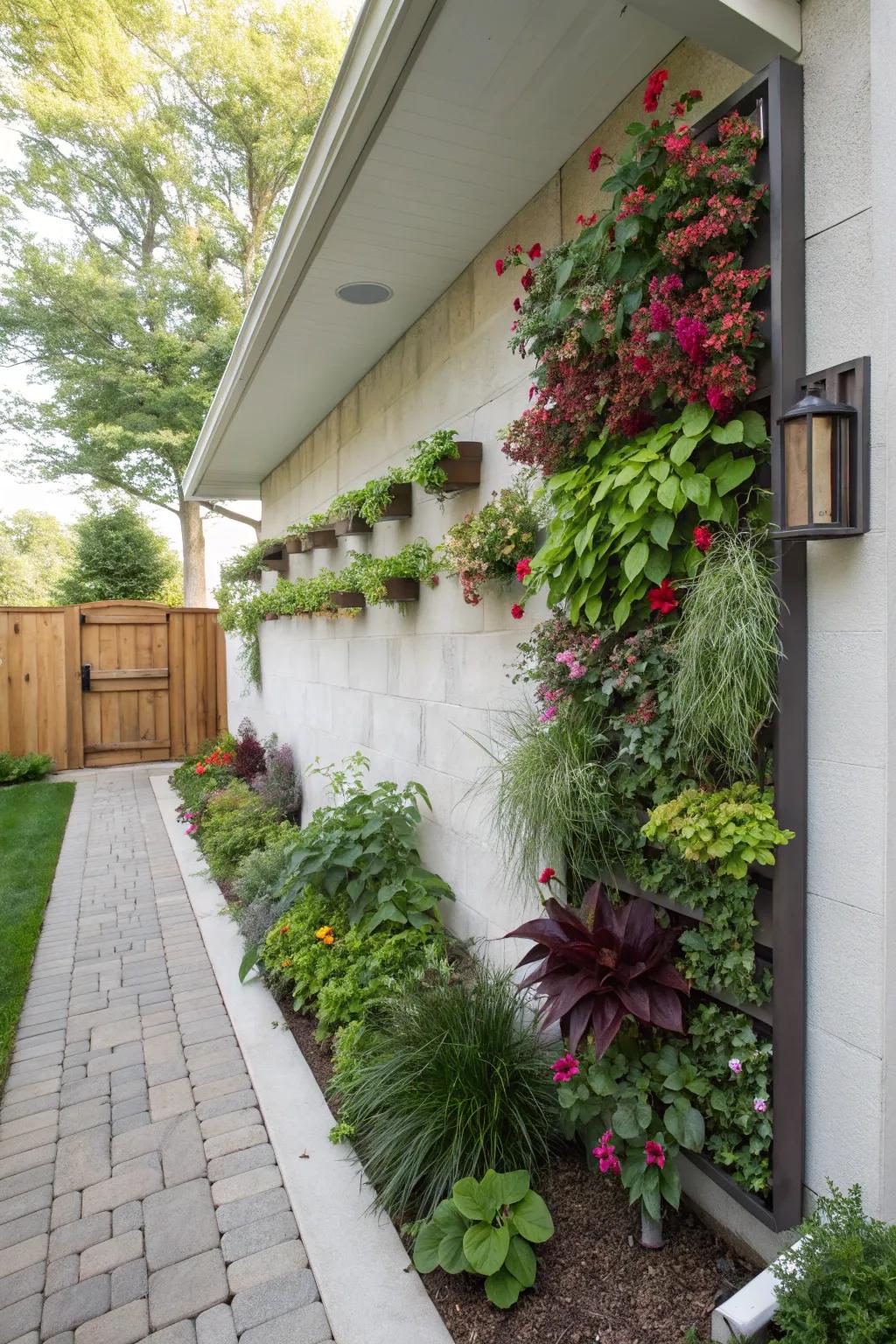Upright gardens breathe life and hue into open-air walls.
