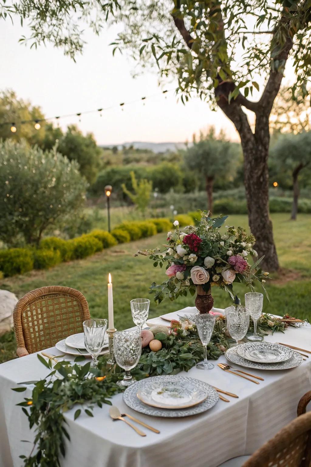 A nature-inspired dining arrangement against a backdrop of verdant foliage.