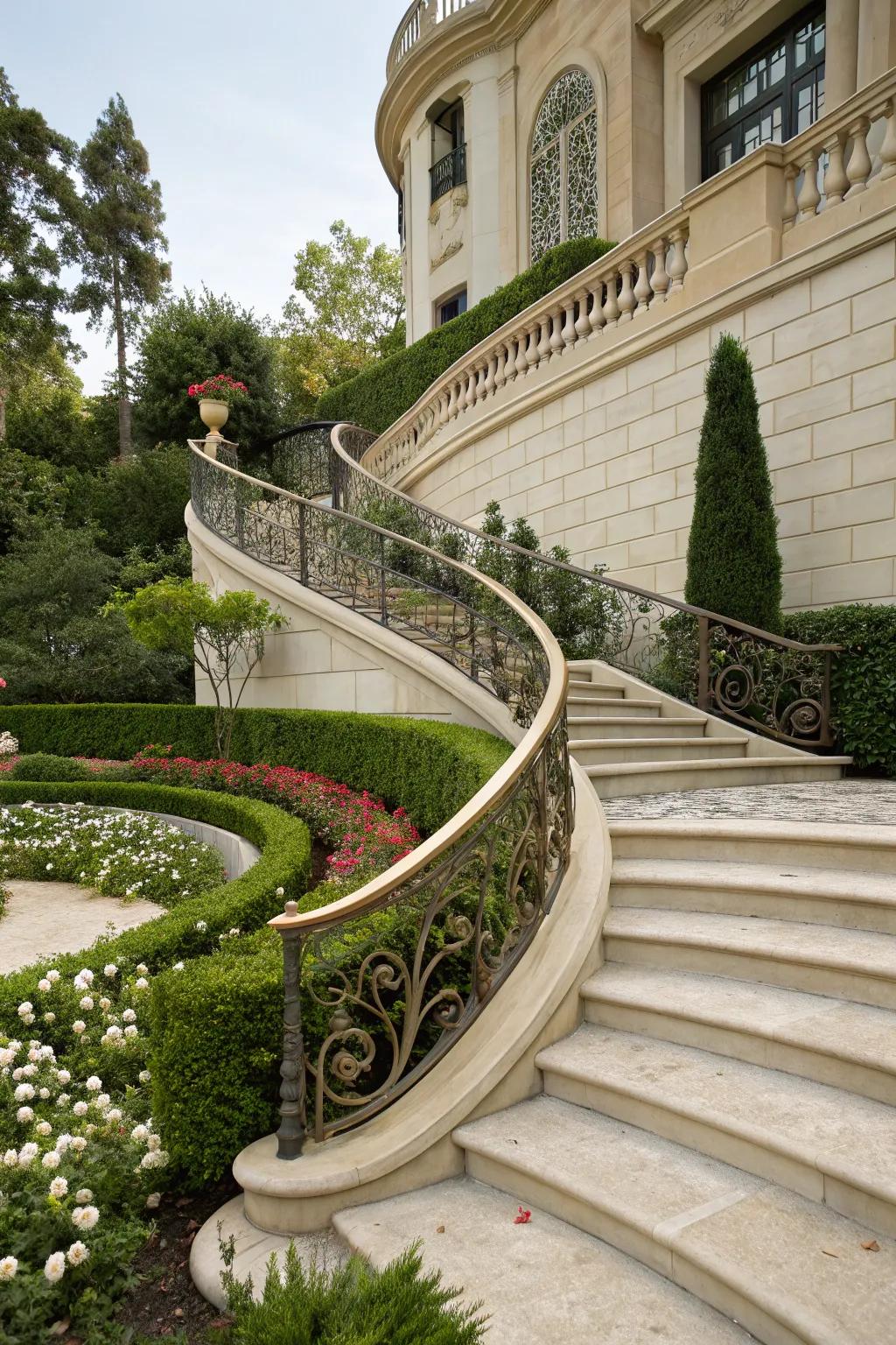 Refined curved steps with ornate railings for a sophisticated entrance.