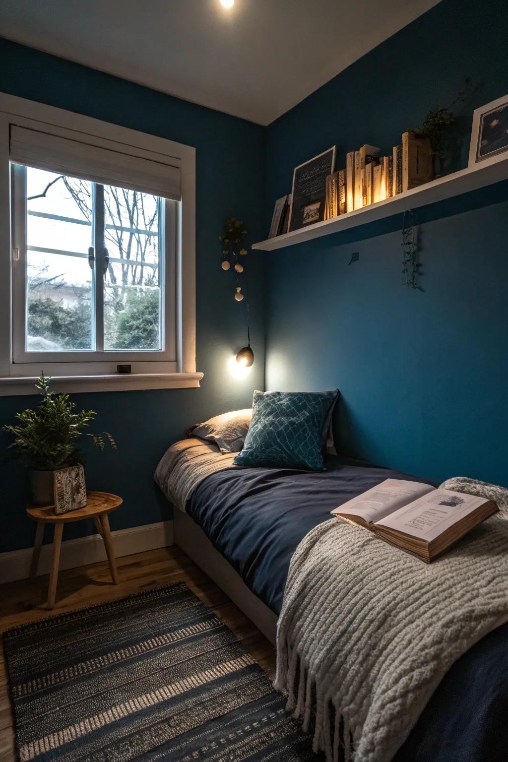 Deep blues can infuse a calming, cocoon-like effect into small bedrooms.