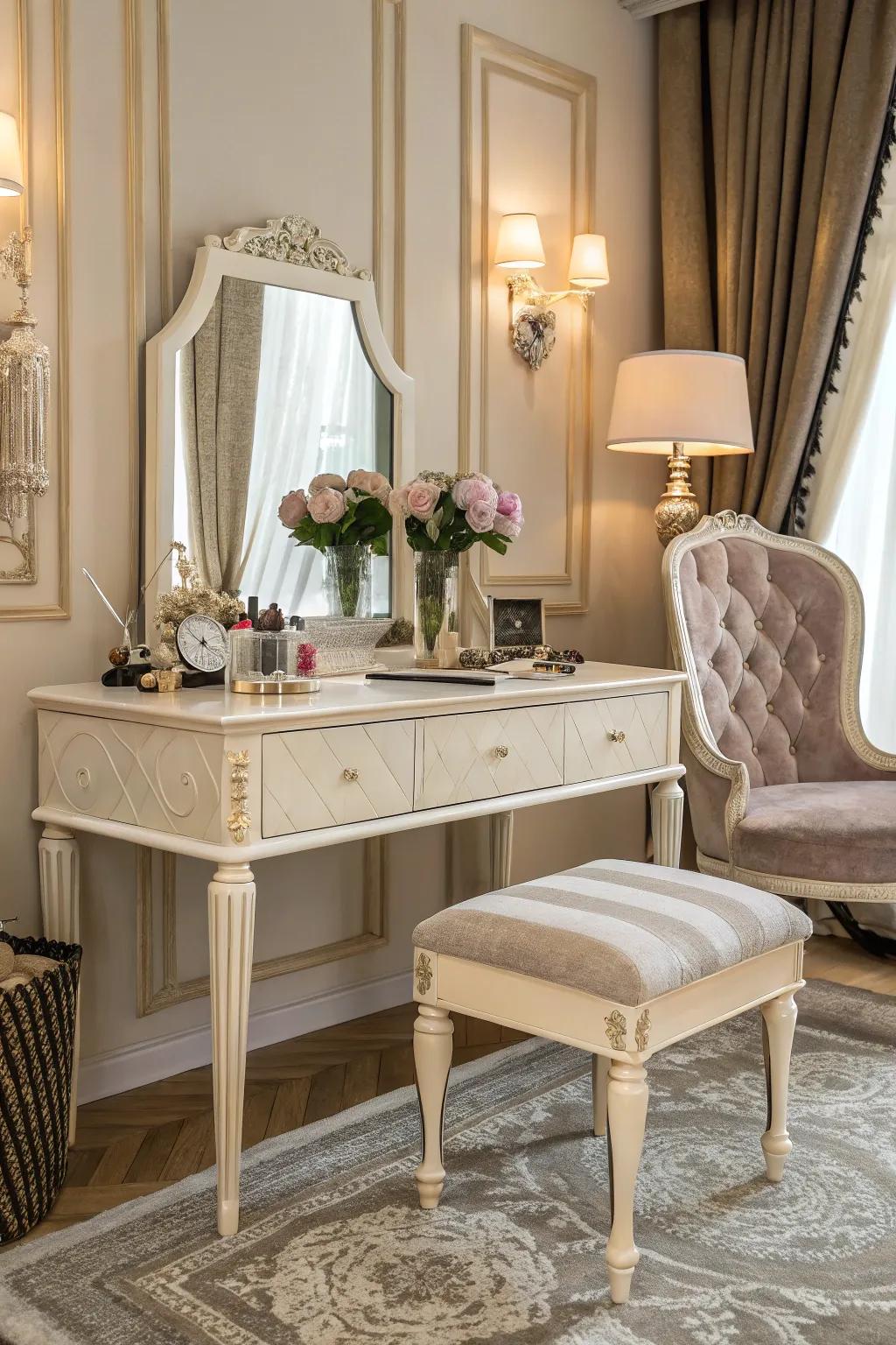 A lavish dressing table contributes sophistication to your bedroom.