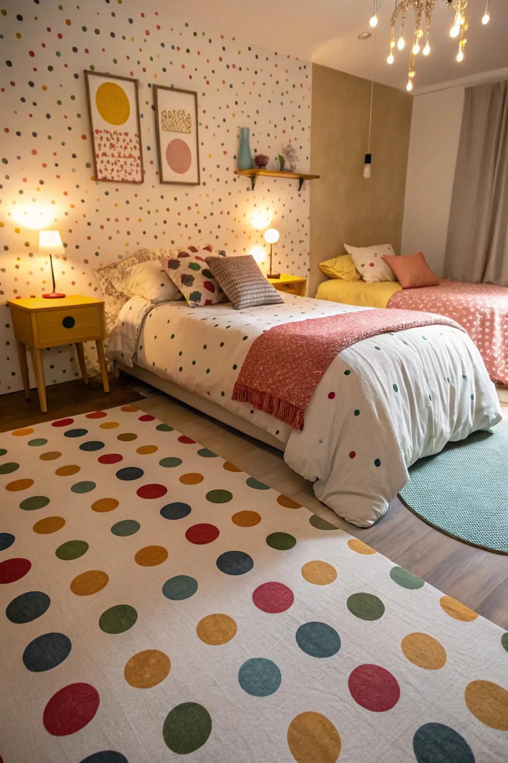 A spare bedroom with playful circular accent painted floors, offering a fun and inviting atmosphere.