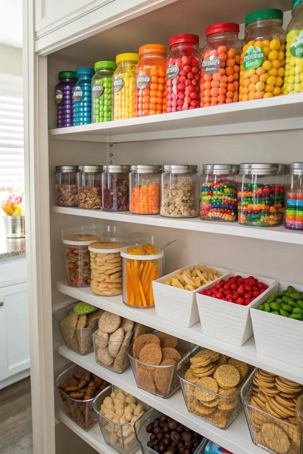 Color-coordinated zones introduce a playful and structured touch to snack organization.