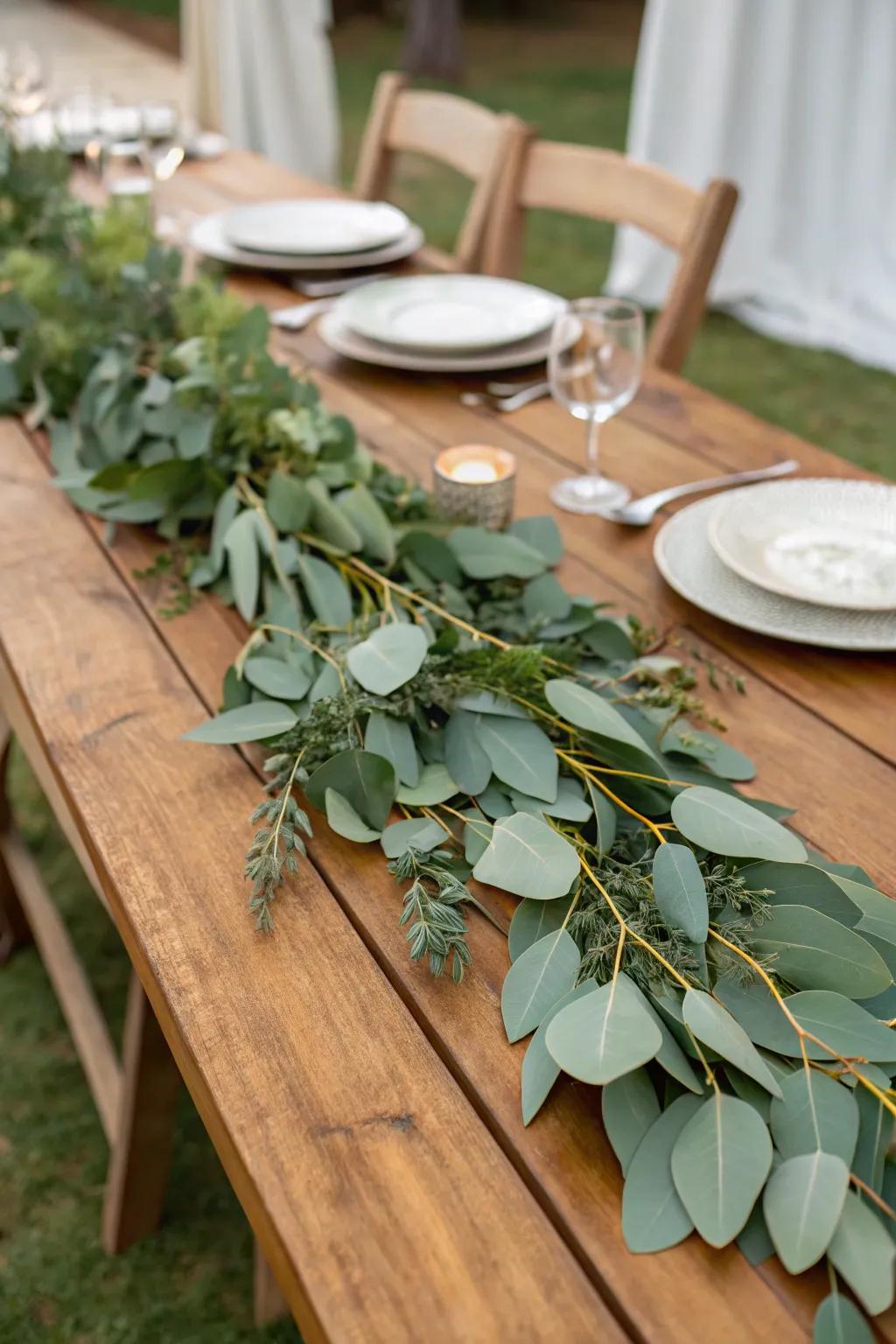 A luxuriant greenery centerpiece featuring leafy garlands.