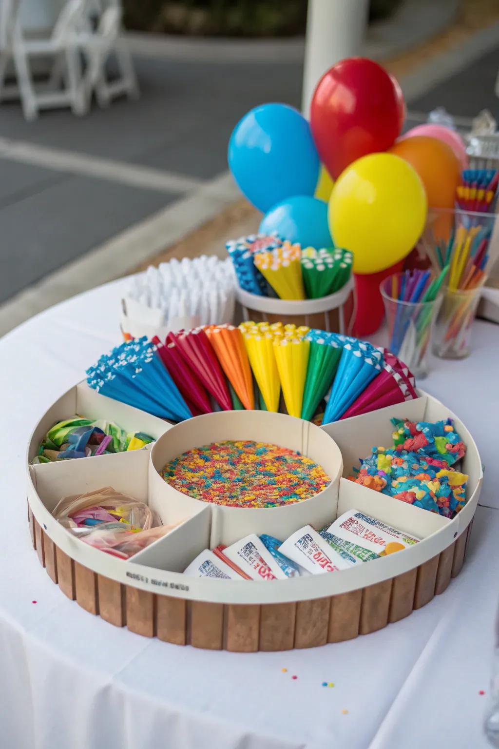 A circular arrangement facilitating easy access to all party favors.