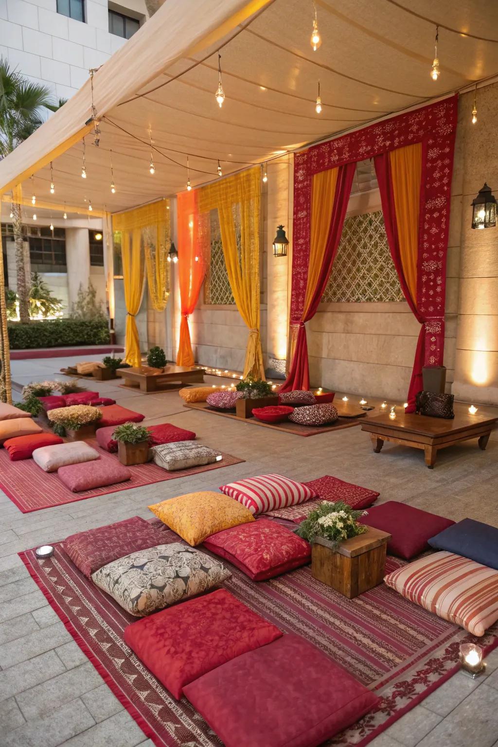 Comfortable seating arrangements featuring pillows and carpets at a rice-feeding party.