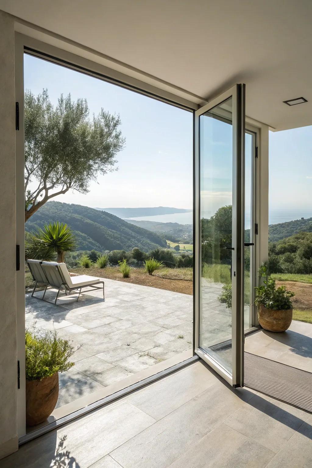 Frameless glass doors merge contemporary design with continuous views.