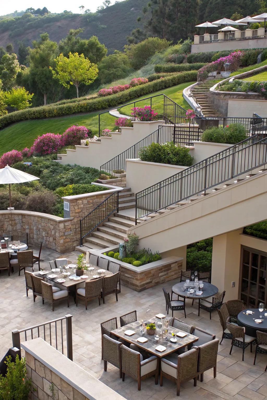 Split-level patios provide assorted spaces for a spectrum of activities.