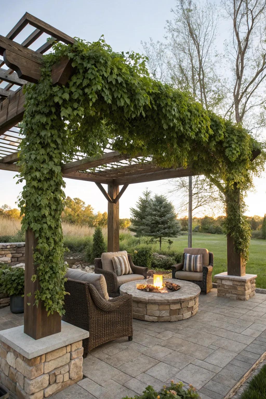 A pergola elevates your firepit area with elegance and comfort.